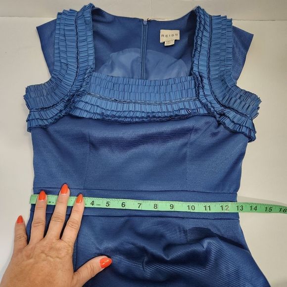 REISS sleeveless front ruffle detail midi cocktail dress size 2 - Picture 7 of 16